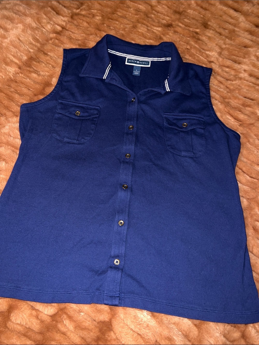 Karen Scott Navy Sleeveless Button-Front Polo Tank